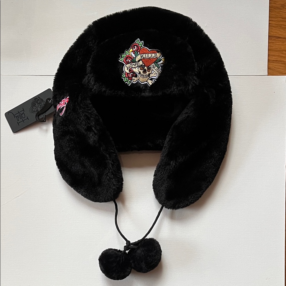 Ed Hardy Black Faux Fur Trapper Hat